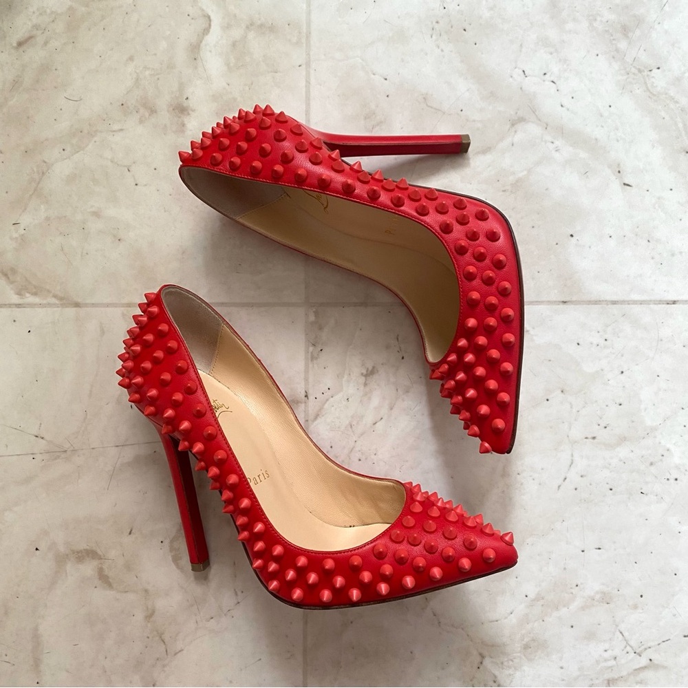 Christian Louboutin Pigalle Spikes 120 Pointed Toe Red Leather Pumps Heels 6.5